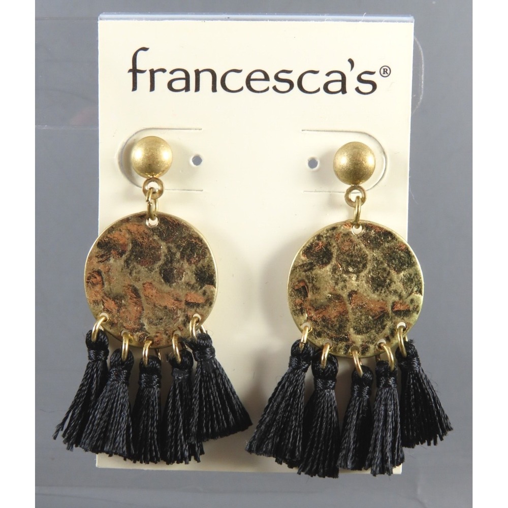 New FRANCESCA'S DANGLE EARRINGS Antique Gold Hammered BLACK TASSEL FRINGE DROP